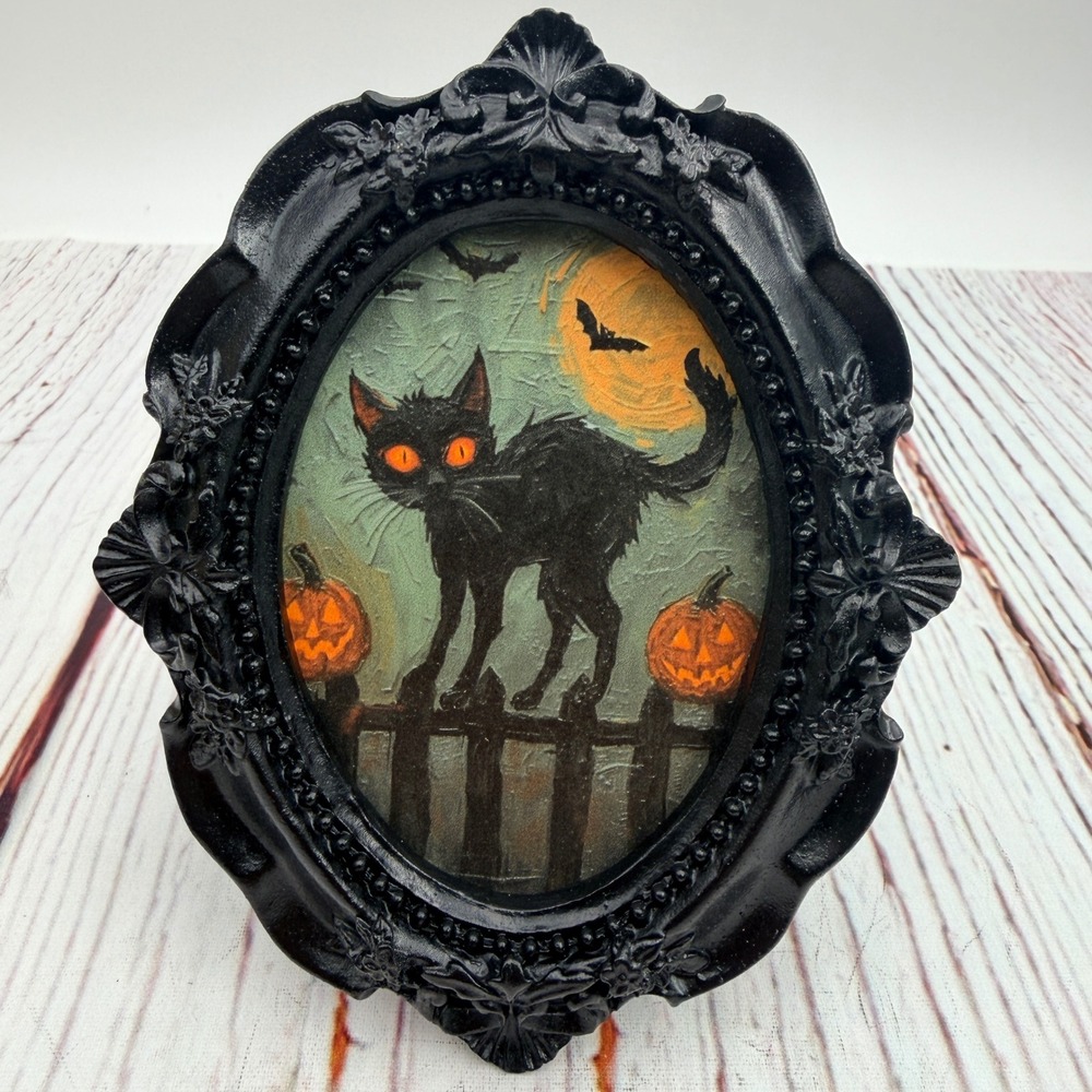 Handmade Halloween Black Cat Decoupage Art Ornate Black Resin Frame 4.5"